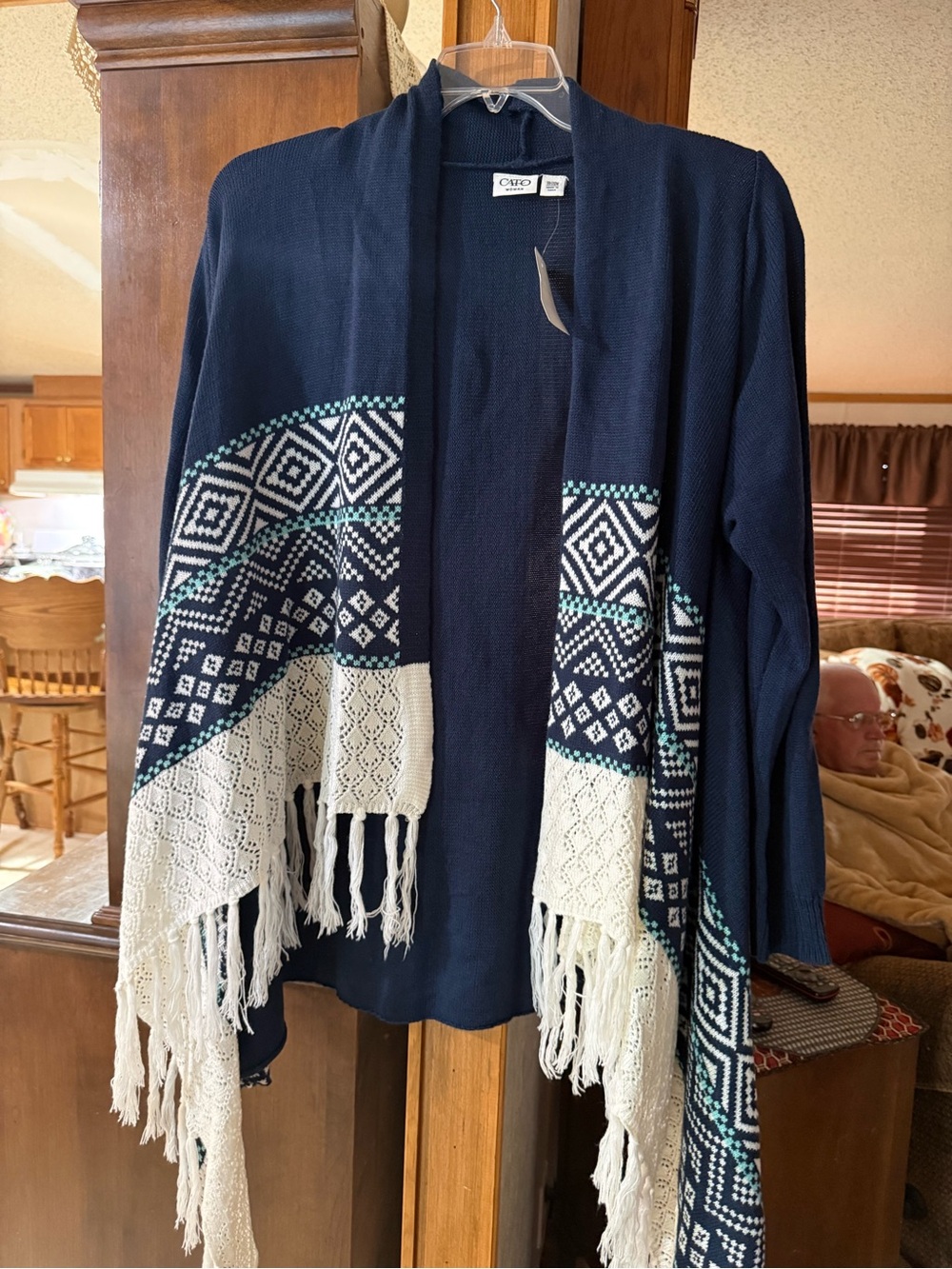 Cato Navy Open-Front Fringe Sweater Cardigan with White Pattern